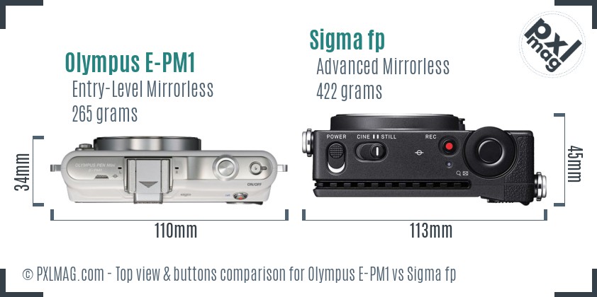 Olympus E-PM1 vs Sigma fp top view buttons comparison
