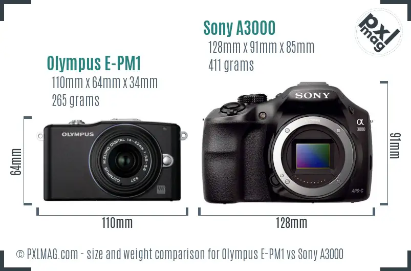 Olympus E-PM1 vs Sony A3000 size comparison
