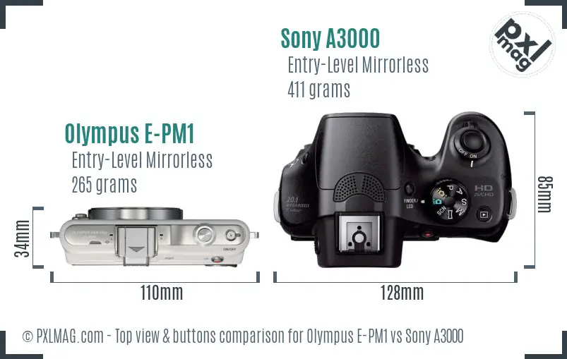 Olympus E-PM1 vs Sony A3000 top view buttons comparison