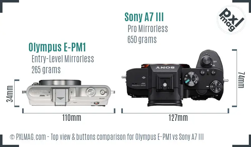 Olympus E-PM1 vs Sony A7 III top view buttons comparison