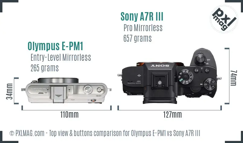 Olympus E-PM1 vs Sony A7R III top view buttons comparison Olympus E-PM1 vs Sony A7R III top view buttons comparison