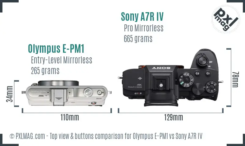 Olympus E-PM1 vs Sony A7R IV top view buttons comparison