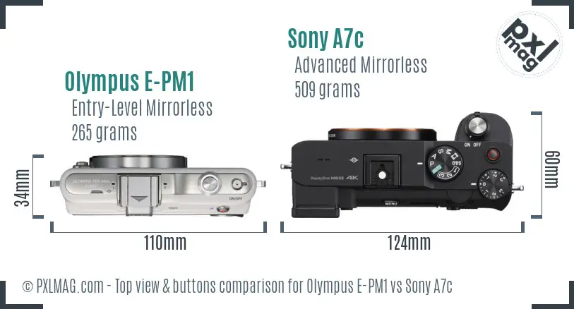 Olympus E-PM1 vs Sony A7c top view buttons comparison