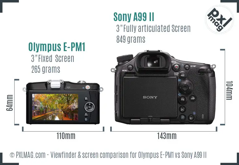 Olympus E-PM1 vs Sony A99 II Screen and Viewfinder comparison