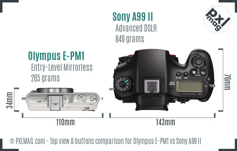 Olympus E-PM1 vs Sony A99 II top view buttons comparison