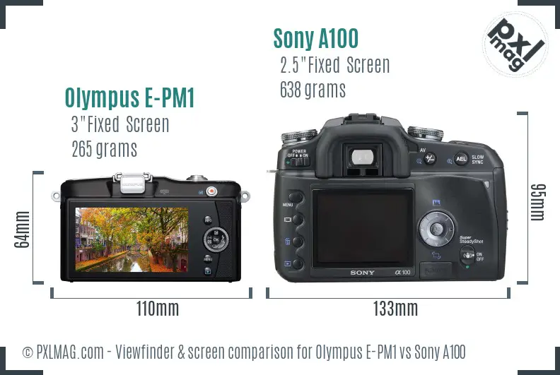Olympus E-PM1 vs Sony A100 Screen and Viewfinder comparison