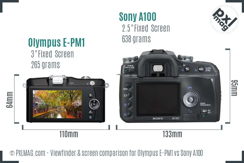 Olympus E-PM1 vs Sony A100 Screen and Viewfinder comparison Olympus E-PM1 vs Sony A100 Screen and Viewfinder comparison