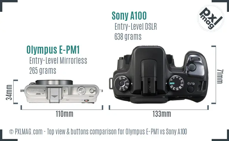 Olympus E-PM1 vs Sony A100 top view buttons comparison