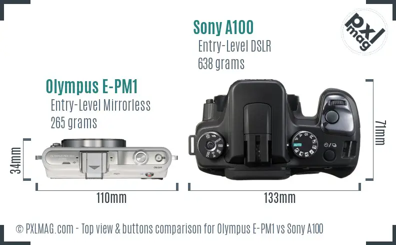 Olympus E-PM1 vs Sony A100 top view buttons comparison Olympus E-PM1 vs Sony A100 top view buttons comparison