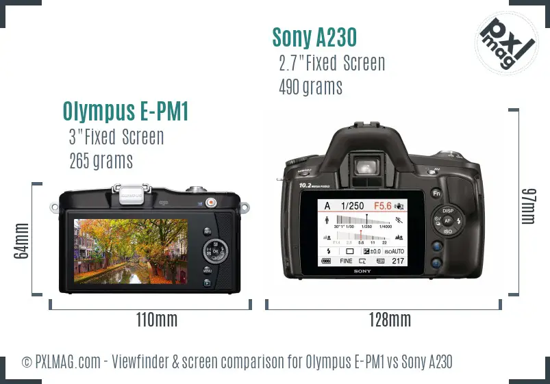 Olympus E-PM1 vs Sony A230 Screen and Viewfinder comparison