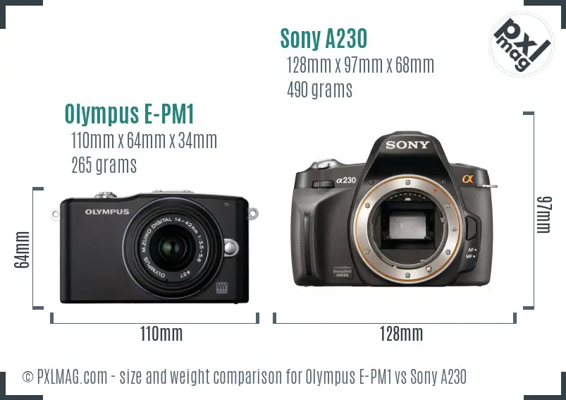 Olympus E-PM1 vs Sony A230 size comparison