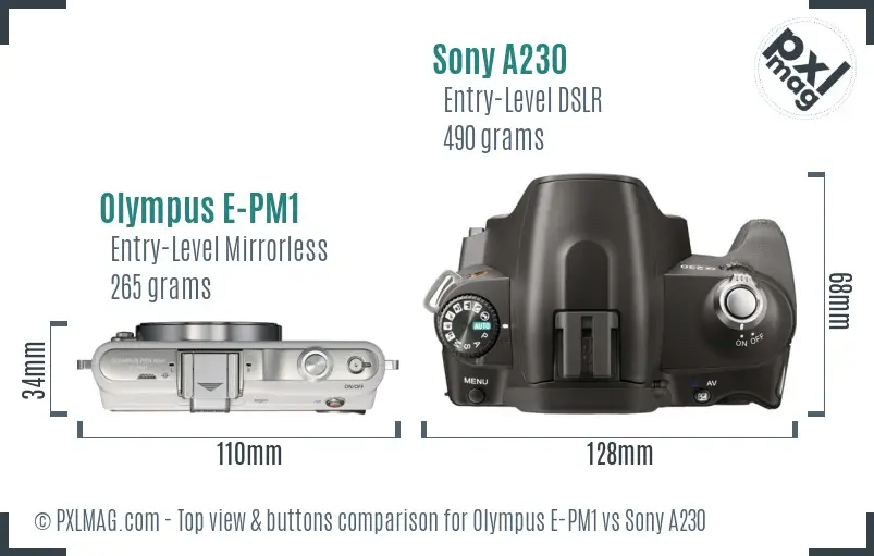 Olympus E-PM1 vs Sony A230 top view buttons comparison