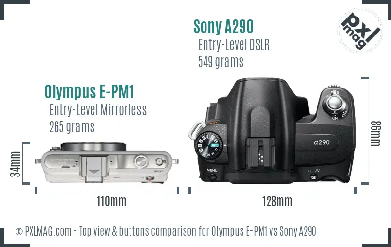 Olympus E-PM1 vs Sony A290 top view buttons comparison Olympus E-PM1 vs Sony A290 top view buttons comparison