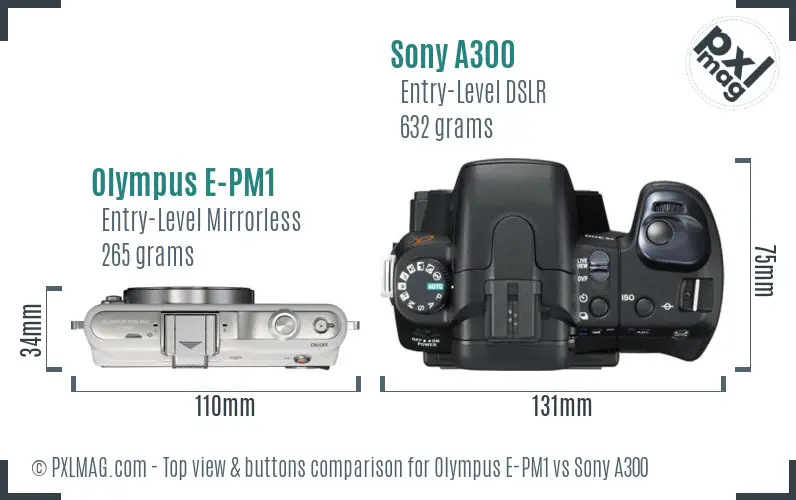 Olympus E-PM1 vs Sony A300 top view buttons comparison