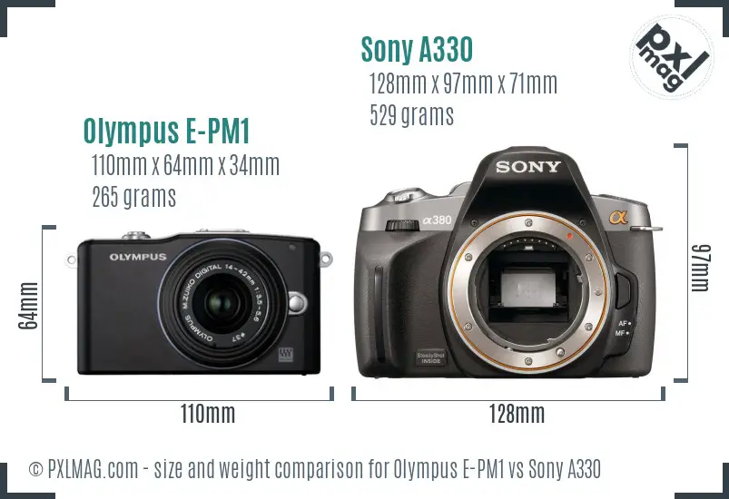 Olympus E-PM1 vs Sony A330 size comparison