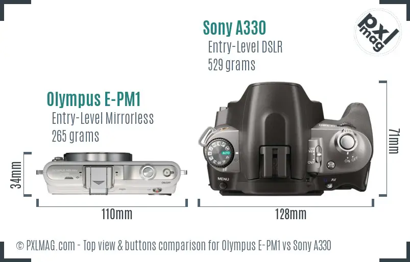 Olympus E-PM1 vs Sony A330 top view buttons comparison