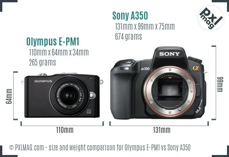 Olympus E-PM1 vs Sony A350 size comparison