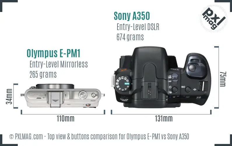 Olympus E-PM1 vs Sony A350 top view buttons comparison