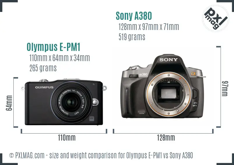 Olympus E-PM1 vs Sony A380 size comparison