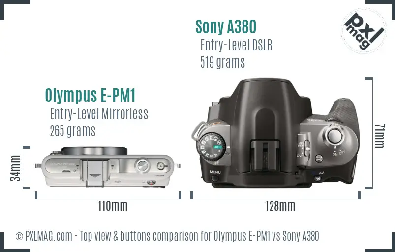 Olympus E-PM1 vs Sony A380 top view buttons comparison