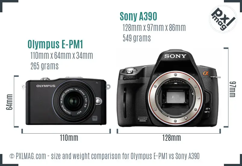 Olympus E-PM1 vs Sony A390 size comparison