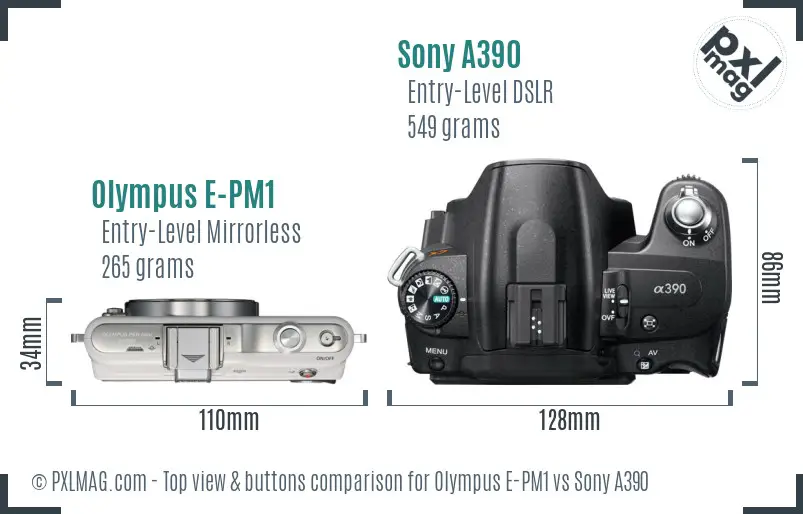 Olympus E-PM1 vs Sony A390 top view buttons comparison