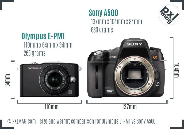 Olympus E-PM1 vs Sony A500 size comparison