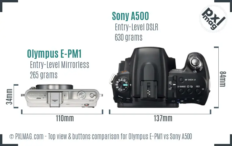 Olympus E-PM1 vs Sony A500 top view buttons comparison