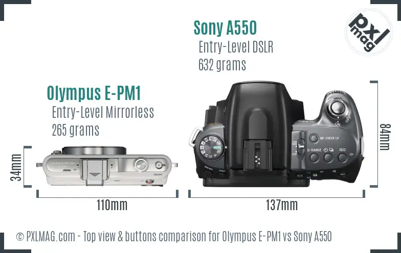 Olympus E-PM1 vs Sony A550 top view buttons comparison
