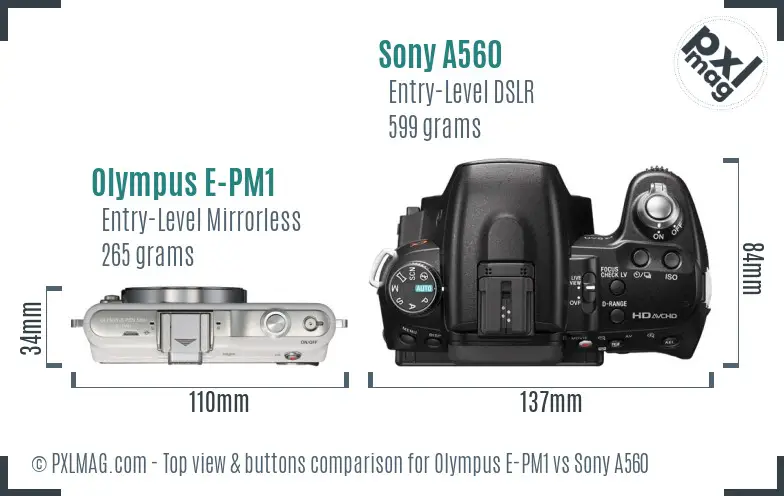Olympus E-PM1 vs Sony A560 top view buttons comparison