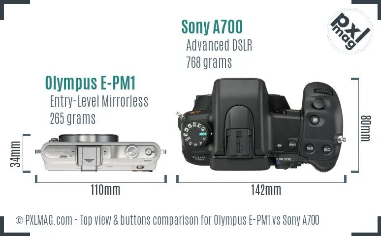 Olympus E-PM1 vs Sony A700 top view buttons comparison Olympus E-PM1 vs Sony A700 top view buttons comparison