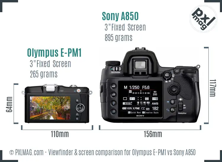 Olympus E-PM1 vs Sony A850 Screen and Viewfinder comparison