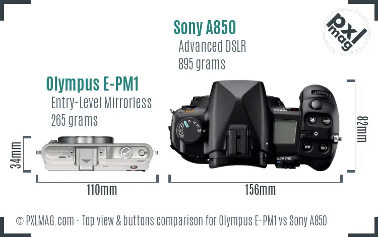 Olympus E-PM1 vs Sony A850 top view buttons comparison
