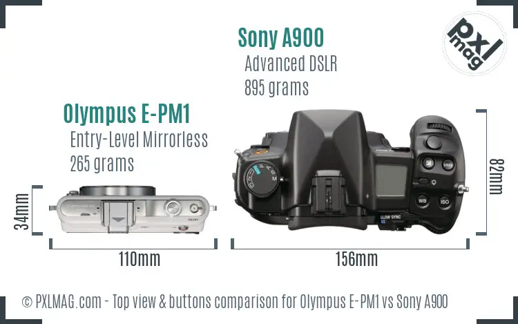 Olympus E-PM1 vs Sony A900 top view buttons comparison
