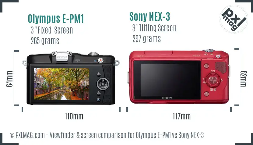 Olympus E-PM1 vs Sony NEX-3 Screen and Viewfinder comparison