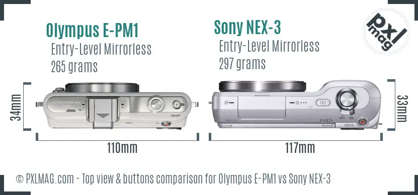 Olympus E-PM1 vs Sony NEX-3 top view buttons comparison