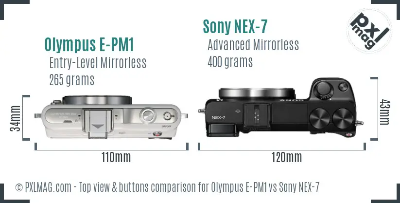 Olympus E-PM1 vs Sony NEX-7 top view buttons comparison