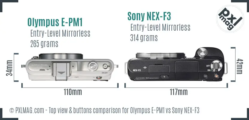 Olympus E-PM1 vs Sony NEX-F3 top view buttons comparison