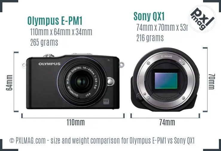 Olympus E-PM1 vs Sony QX1 size comparison Olympus E-PM1 vs Sony QX1 size comparison