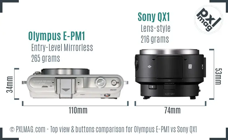 Olympus E-PM1 vs Sony QX1 top view buttons comparison Olympus E-PM1 vs Sony QX1 top view buttons comparison