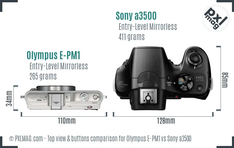 Olympus E-PM1 vs Sony a3500 top view buttons comparison
