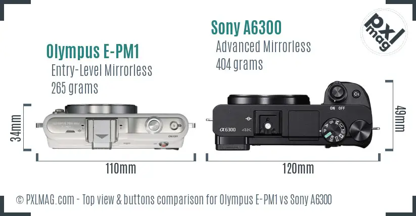 Olympus E-PM1 vs Sony A6300 top view buttons comparison