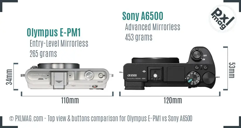 Olympus E-PM1 vs Sony A6500 top view buttons comparison