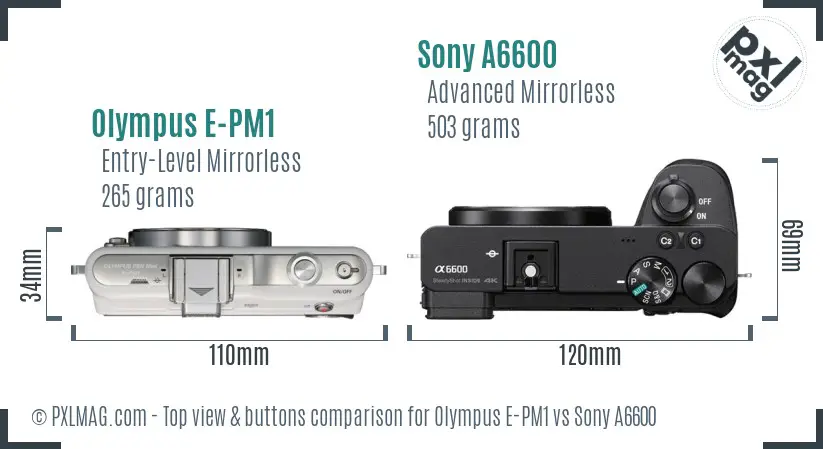 Olympus E-PM1 vs Sony A6600 top view buttons comparison