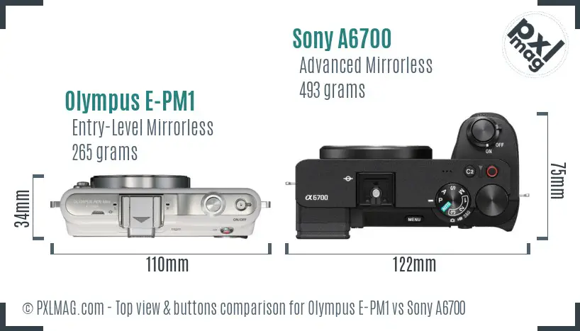 Olympus E-PM1 vs Sony A6700 top view buttons comparison