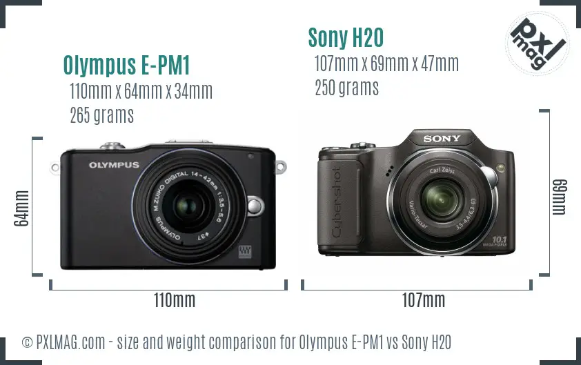 Olympus E-PM1 vs Sony H20 size comparison