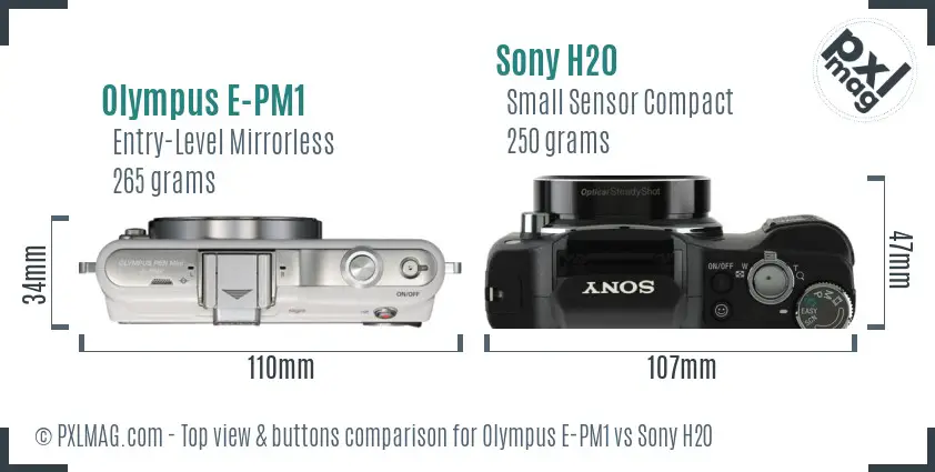 Olympus E-PM1 vs Sony H20 top view buttons comparison