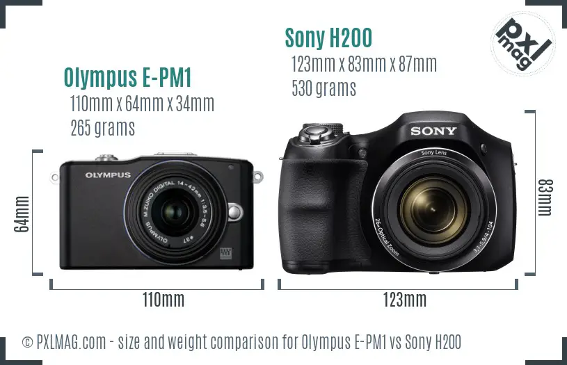 Olympus E-PM1 vs Sony H200 size comparison