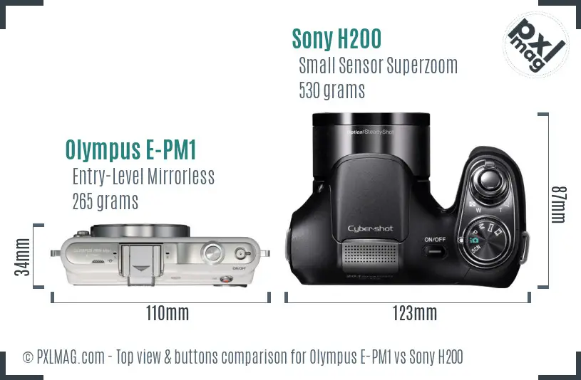 Olympus E-PM1 vs Sony H200 top view buttons comparison