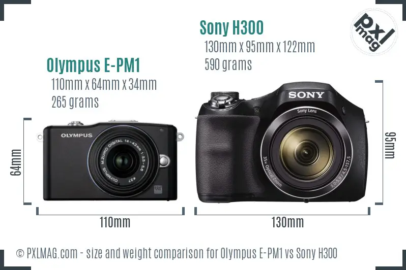 Olympus E-PM1 vs Sony H300 size comparison